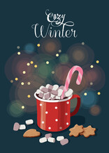 Winter Hot Chocolate Red Cup Marshmallow. Cozy Winter Lettering. Christmas Greeting Card Design Element.