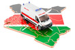 Emergency medical services in Kenya. Ambulance van on the Kenyan map. 3D rendering