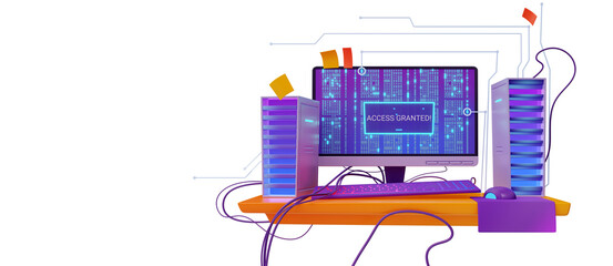 3D render software testing concept with computer pc on desk. Functional test, website platform optimization, methodology of programming, search errors and bugs, illustration in cartoon plastic style