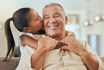 Canvas Print - Happy, grandfather and little girl kiss with hug for love and care in family bonding time or generations at home. Portrait of grandpa with smile in happiness for hugging, loving and caring grandchild