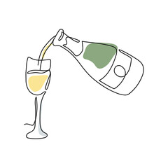 Wall Mural - Continuous one line drawing of champagne bottle and glass with abstract shapes. Pouring champagne into a glass in line art style. Png illustration on transparent background