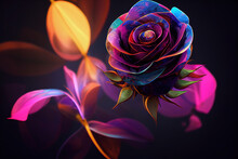 Fantasy Magical Dark Background With Magic Rose Flower Reflection Neon Light On Edge