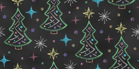 Wall Mural - Christmas Seamless Pattern of Chalk Drawn New Year's Trees on Chalkboard Backdrop. Stylized Grunge Endless Motif.