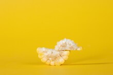 Closeup Shot Of A Sliced Corn On The Cob Piece And A Piece With No Kernels On A Yellow Background