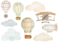 Watercolor Set Of Air Transport And Clouds, Airplane, Hot Air Balloon, Dirigible