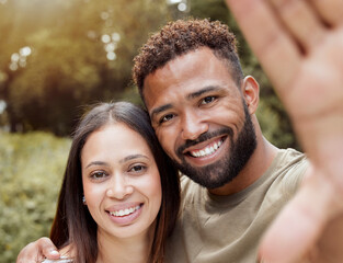 happy selfie, couple and outdoor nature park with black people with a smile in summer. portrait of a
