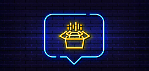 Poster - Neon light speech bubble. Packing boxes line icon. Delivery parcel sign. Cargo box symbol. Neon light background. Packing boxes glow line. Brick wall banner. Vector