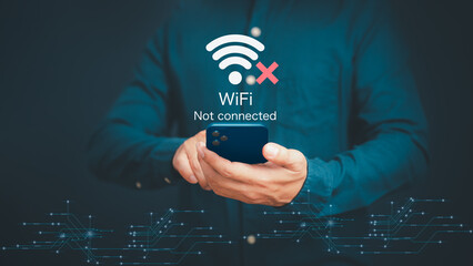 Poster - Man using a mobile phone to connect to wifi but wifi not connected, and waiting to loading digital business data form website, concept technology of waiting for connect to wifi by smartphone.