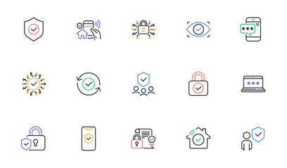 Poster - security line icons set. cyber lock, unlock, password. guard, shield, home security system icons. ey