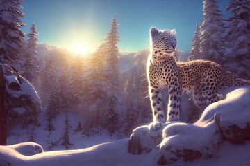 3D illustration, cartoon of an impressive white leopard stands at the top of a snow-covered mountain range in Asia during sunset. White leopard or ounce, inhabits Central and South Asian mountains.