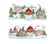 Winter Countryside Scene Illustrations Set. Hand Drawn Christmas Houses With Snowy Trees Landscape Isolated On White Background. Cute Holiday Village Design With Wood Cabins And Fence
