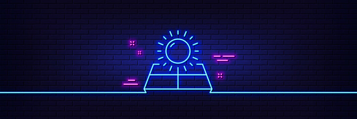 Wall Mural - Neon light glow effect. Sun energy line icon. Solar panels sign. Ecology power symbol. 3d line neon glow icon. Brick wall banner. Sun energy outline. Vector