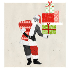 Contemporary art collage. Cheerful senior man in image of Santa Claus holding many present boxes. Merry surprises