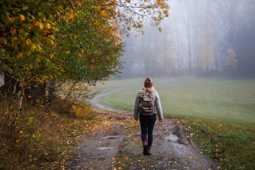 Wall Mural - woman hiking on footpath in autumn forest. fog weather. solo tourist