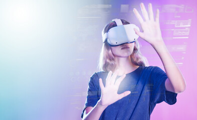 Aufkleber - Virtual reality, metaverse and information with a woman user accessing a digital world with headset goggles. Future, data and ai with a female using technology to access a cyber network or dashboard