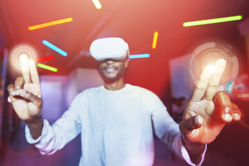 Aufkleber - Vr headset with 3D futuristic hologram screen with hand with tech for digital metaverse. Black man or future cyber cloud computing, digital data transformation and internet iot network on web or ai