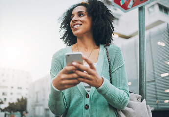 Poster - Black woman, smile and phone in city, street or town for travel, walking or adventure outdoor. Woman, smartphone or urban in communication, happy or conversation on cellphone in road while traveling