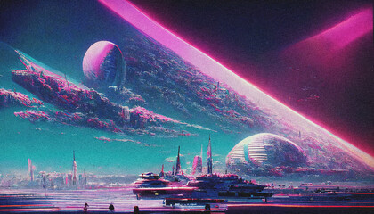 Canvas Print - Abstract Retro futuristic  sci-fi synthwave landscape in space with stars. Vaporwave stylized illustration for EDM music video, videogame intro. Ai generated.