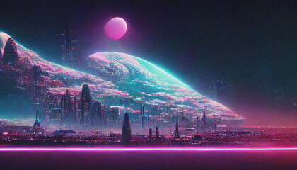 Wall Mural - Abstract Retro futuristic  sci-fi synthwave landscape in space with stars. Vaporwave stylized illustration for EDM music video, videogame intro. Ai generated.