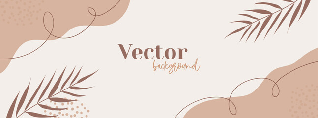 Wall Mural - Minimal long banner in neutral colors. Abstract organic shapes, palm leaves boho background. Facebook cover template