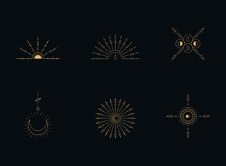 Wall Mural - set of moon and sun line art. minimal boho linear symbols. celestial mystic element. vector line art