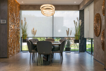 Leinwandbilder - Roller blinds in the interior. Automatic solar shades large size on the windows. Modern interior with wood decor panels on walls. Plants in hi-tech flower pots. Electric sunscreen curtains for home. 
