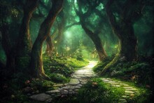 Stone Walkway In Enchanted Dark Woods Digital Illustration