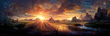 Fantasy Setting Sun, Sunset, Nature, Orange, Light. Sunset Landscape. Digital Illustration