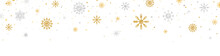 Gold, Silver Glitter Snowflakes Frame. Christmas Golden Celebration Banner. Happy New Year Card. Luxury Winter Ornament. Snow Fall. Holiday Background. Season Greeting Design. Vector Illustration