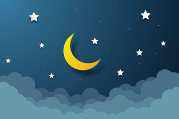 night sky with stars and moon. paper art style. dreamy background with moon stars and clouds, abstra