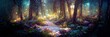Fantasy nature forest floor, trees, nature, green, light. Forest landscape. Digital Illustration. Generative AI