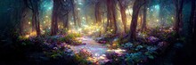 Fantasy Nature Forest Floor, Trees, Nature, Green, Light. Forest Landscape. Digital Illustration
