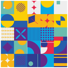 Poster - Geometric wallpaper in square orientation. Abstract background with patterns of circles, squares, triangles, and other geometric shapes in bright colors. Editable geometric illustration wallpaper.