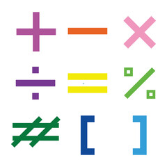 Poster - Mathematical Icons and Math symbols. Vector icons for calculations. there are add, minus, times, divide, equals, curly braces, percent, hashtags with bright colors. Editable vector illustration