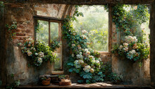 AI Generated Image Of A Beautiful Picture Window In An Abandoned House Overgrown With Flowering Plants, And With A View Of The Garden Outside 