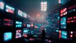 Сoncept of virtual environment and cyberspace set of glowing screens and network equipment workplace of hacker or programmer blurred background in cyberpunk style.  Ai generated.