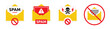 Spamming mailbox icon set. Email hacking and spam warning symbol collection. Vector Illustration.