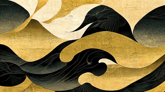 Wall Mural -  - Contemporary artistic Japanese style ukiyoe with black mountain curves on a gold background, folding screen atmosphere, abstract, elegant, delicate, luxurious, retro dramatic graphic design elements.