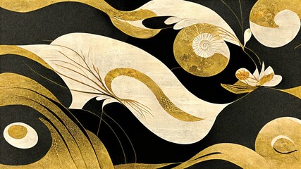 Gold and white rough waves contemporary artistic Japanese style ukiyo-e, folding screen atmosphere, abstract, elegant, delicate, luxurious, retro dramatic graphic design elements