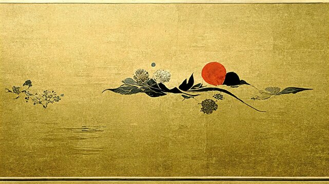Wall Mural -  - Red sunrise, flat golden cloud streams like a folding screen painting, Japanese style ukiyoe, folding screen atmosphere, abstract, elegant, delicate, luxurious, retro dramatic graphic design elements.