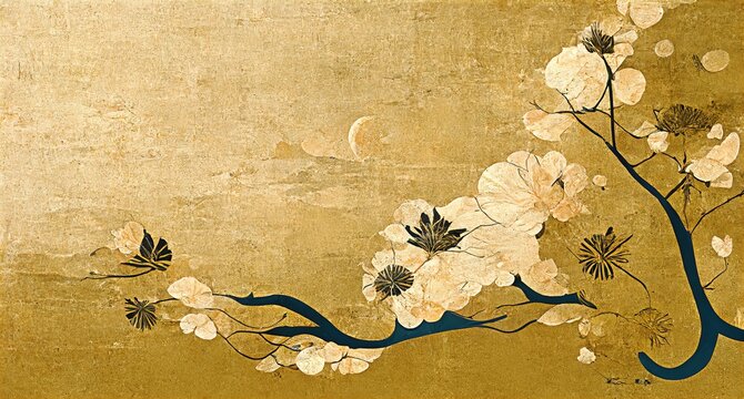Wall Mural -  - Retro dramatic graphic design elements with dynamic depictions of flowers and branches, Japanese-style ukiyo-e, folding screen atmosphere, abstract, elegant, delicate, luxurious and retro.