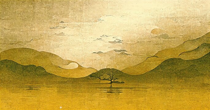 Wall Mural -  - Retro dramatic graphic design elements with dynamic depictions of flowers and branches, Japanese-style ukiyo-e, folding screen atmosphere, abstract, elegant, delicate, luxurious and retro.