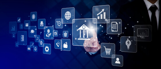 Poster - Businessman touchscreen on the graph Screen Icon of a media screen, Technology Process System Business with Communication and marketing concept, Team success, HR Human, Business success, business plan