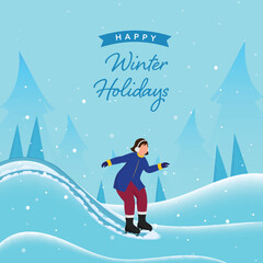 Canvas Print - Winter Time Nature Background With Faceless Young Girl Skating On Ice For Happy Holidays Concept.