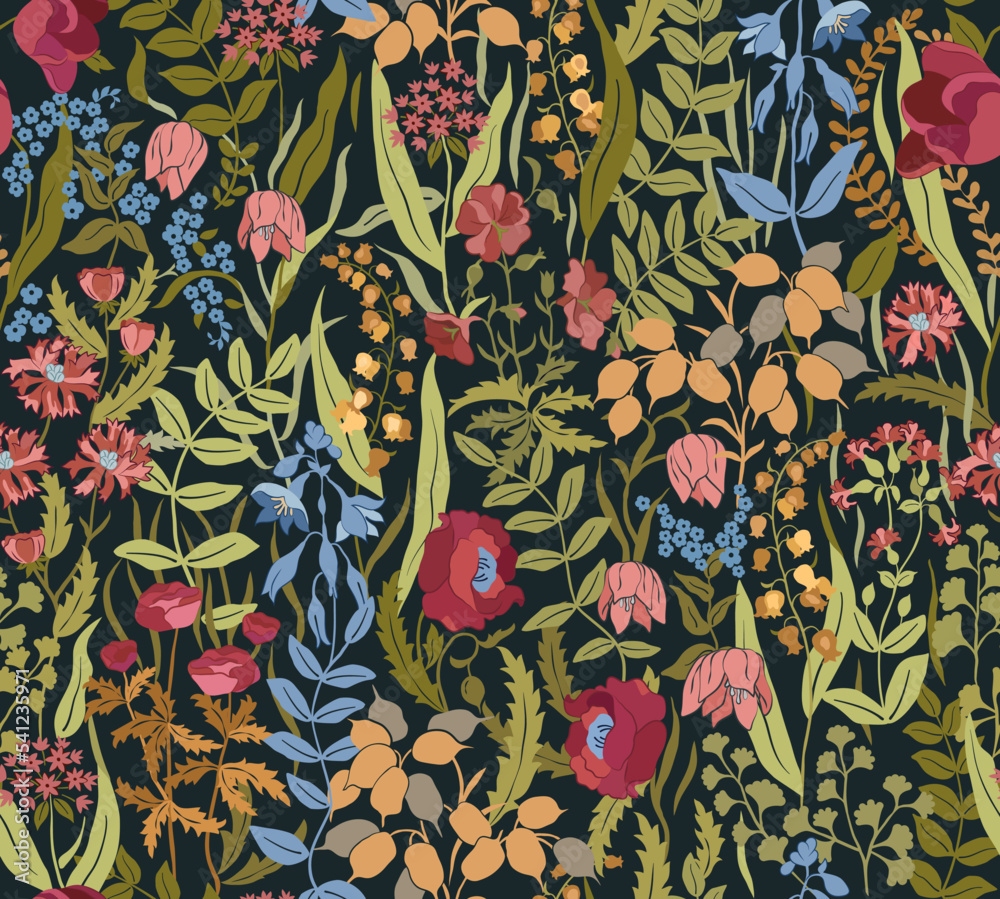 Wildflowers on black background seamless pattern. Vector illustration ...