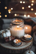 Autumn home composition with aromatic candle, dry citrus, cinnamon, anise. Aromatherapy on a grey fall morning, atmosphere of cosiness and relax. Wooden background close up copy space
