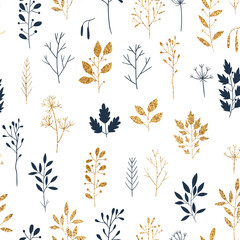 Gold floral pattern background. Vector glitter textured seamless pattern with fir branches, leaf, berries. Perfect for winter and autumn holidays. Golden Merry Christmas and New year florals