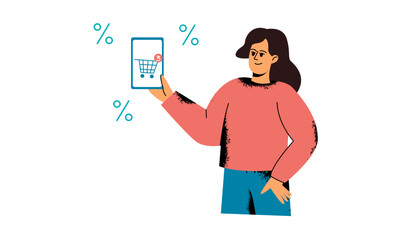 a woman shows a mobile phone screen. a customer using a smartphone makes purchases through the inter