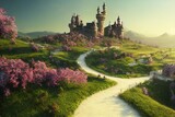 White road to the castle on the hill, green lawns with small blooming flowers under a clear sky 3d illustration