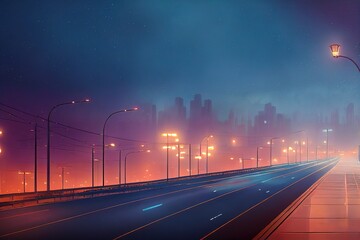 Aufkleber - Empty road with burning street lamps leading to a night city with skyscrapers under a dark starry sky 3d illustration